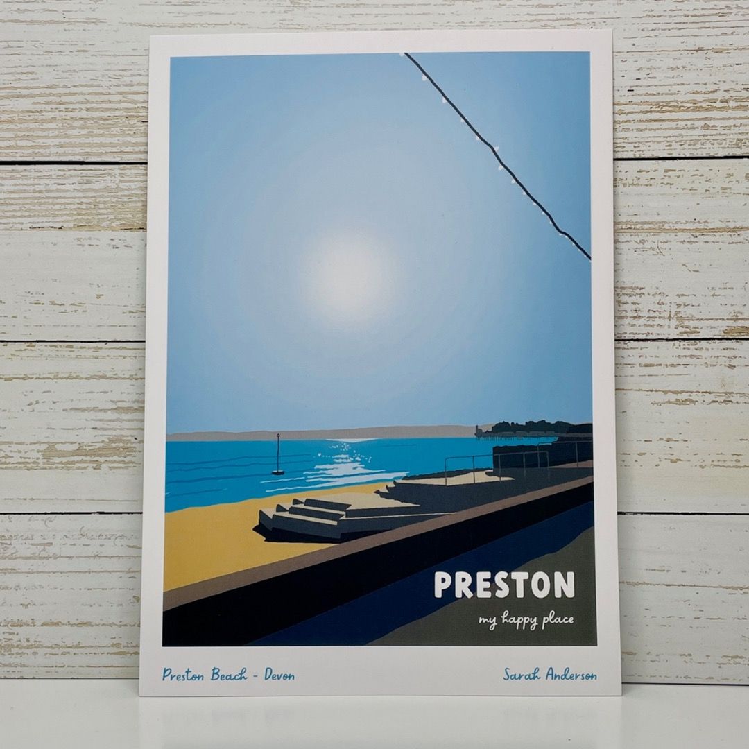 A picture depicting the seaside a preston in a block colour style