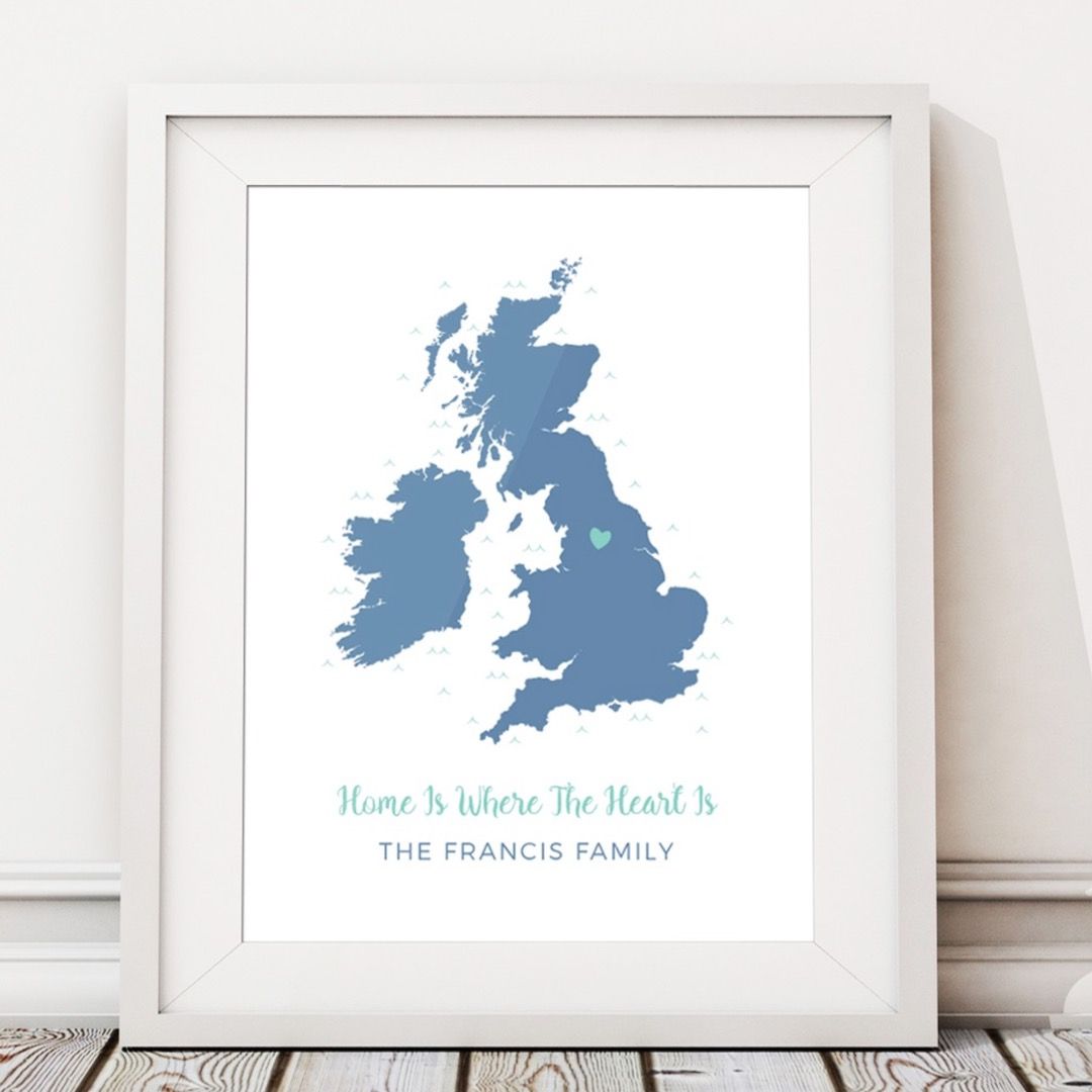 A picture of the UK with a heart marking the location of home