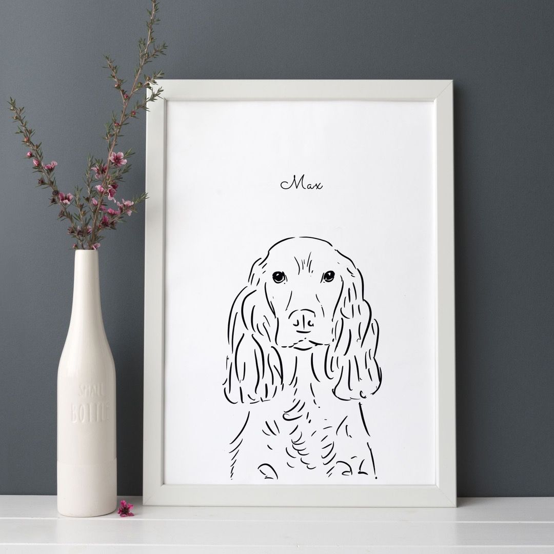 A black and white line drawing print of a dog 