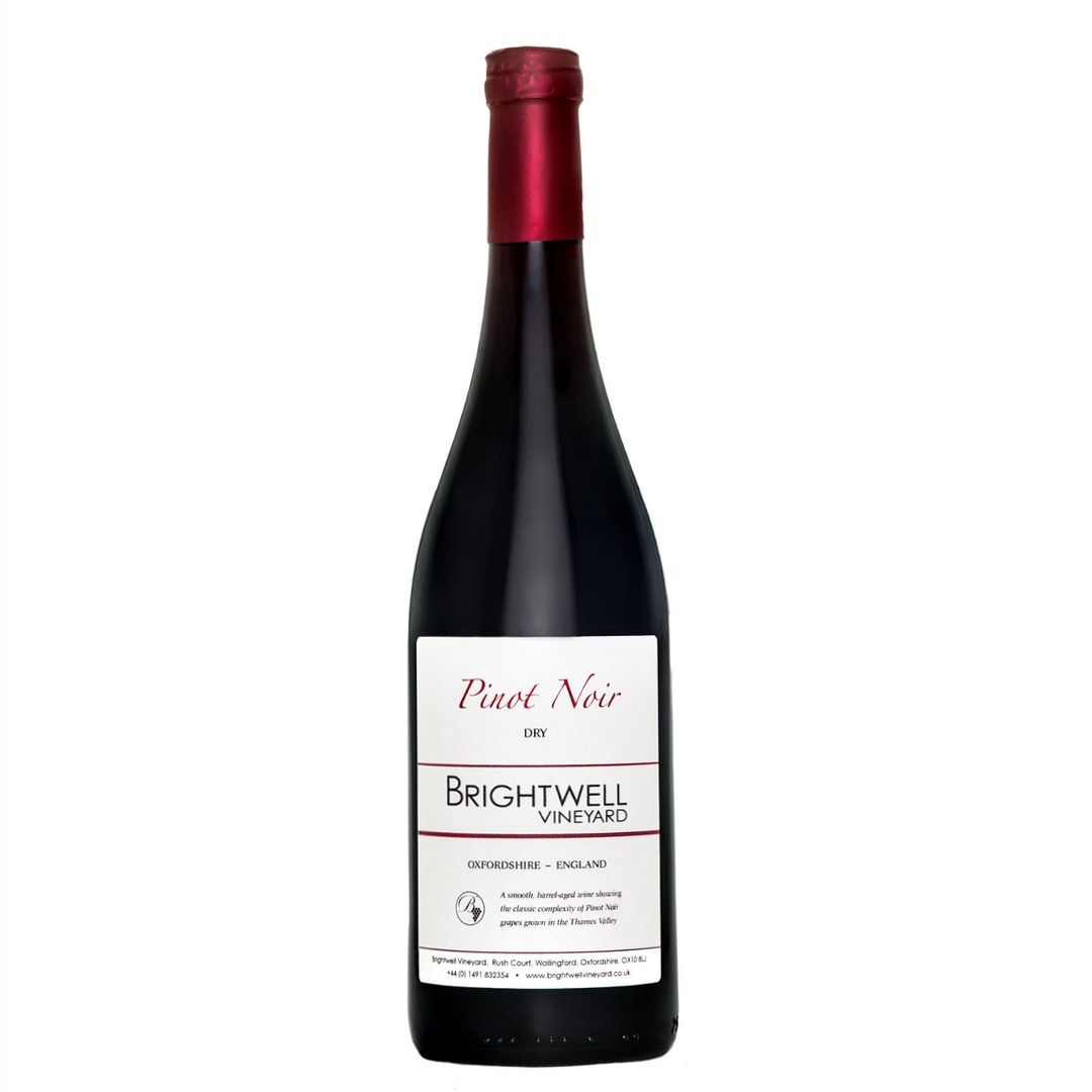 A bottle of pinot noir from Brightwell Vineyard with a red top