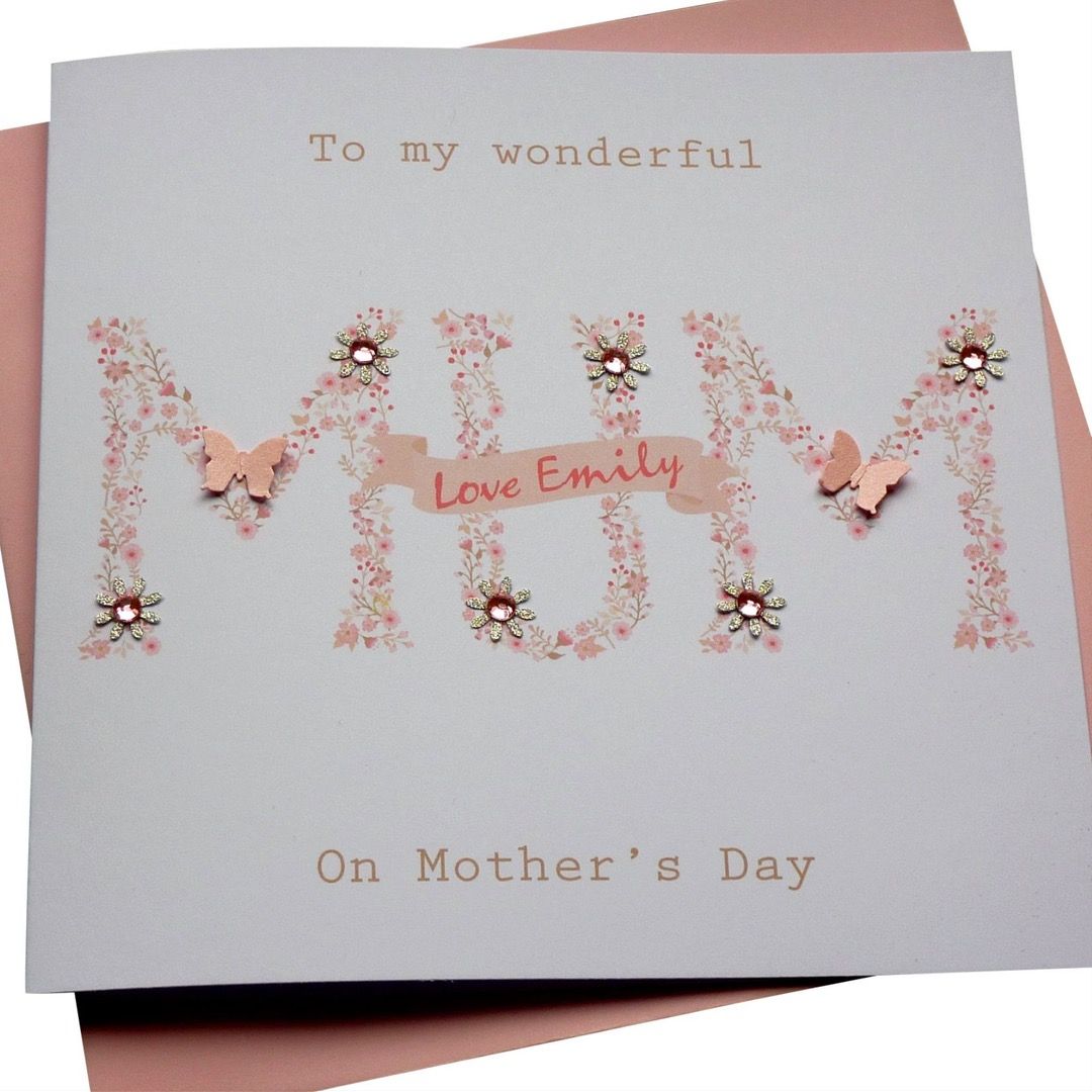 A card with "Mum" in floral lettering that says "To my wonderful mum on Mother's Day"
