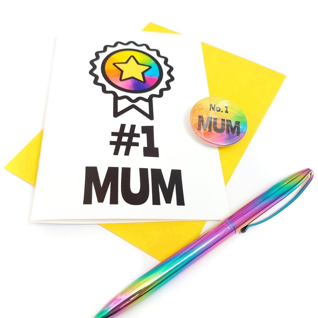 A card with a rainbow star badge that says "#1 Mum"
