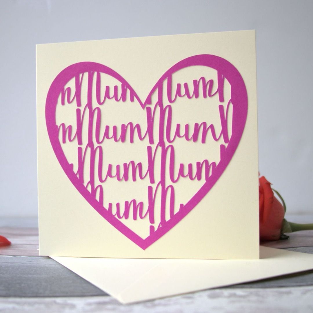 A card featuring a pink heart containing "mum" written inside across all the space