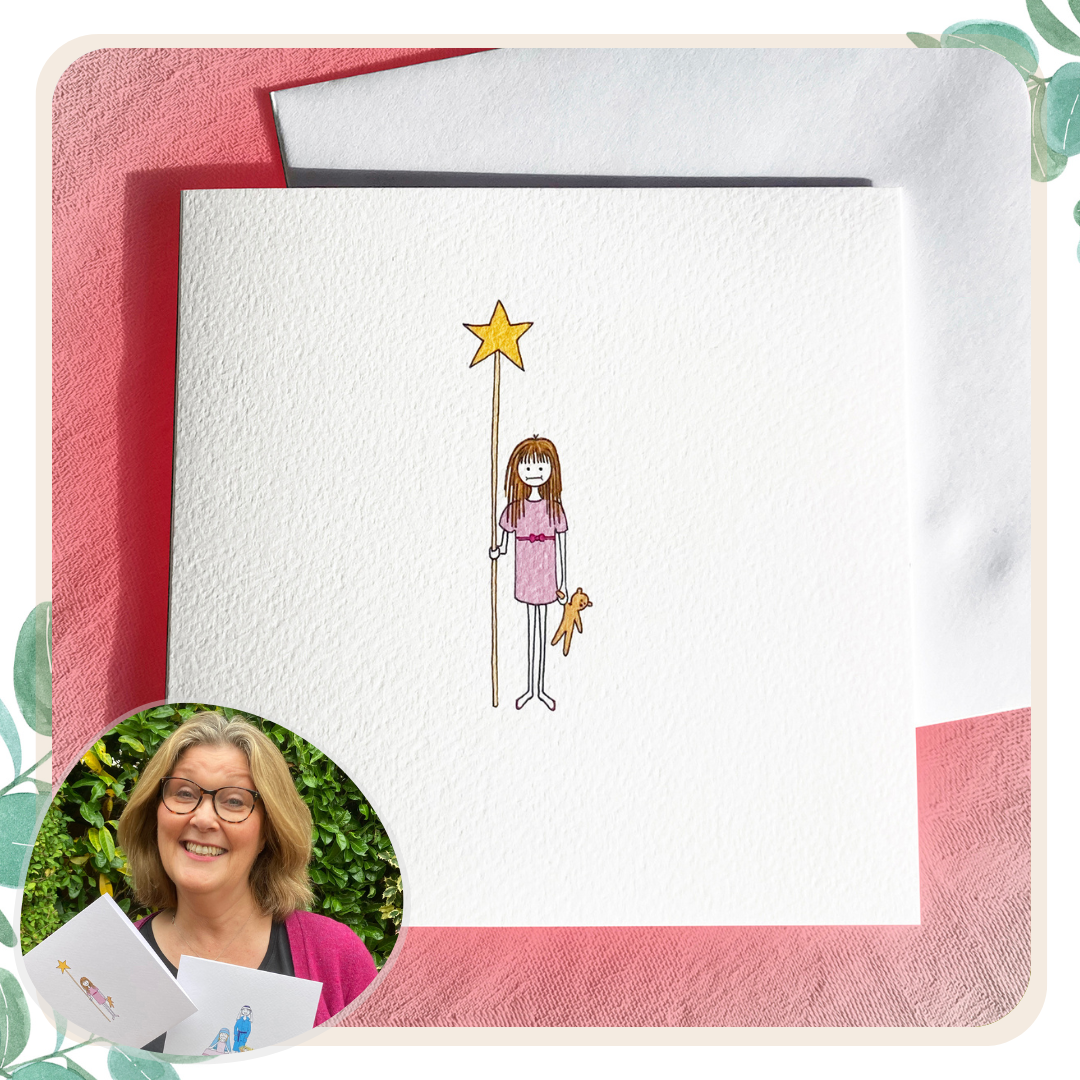 Jill Wells and one of her festive Christmas cards featuring a young girl holding a star and teddy bear