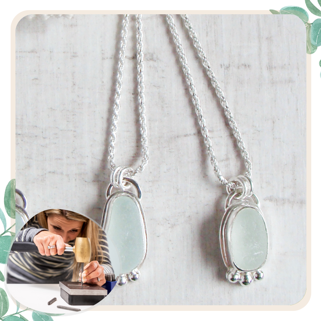 Ellen Hooper featuring two of her pale seaglass necklace pendants
