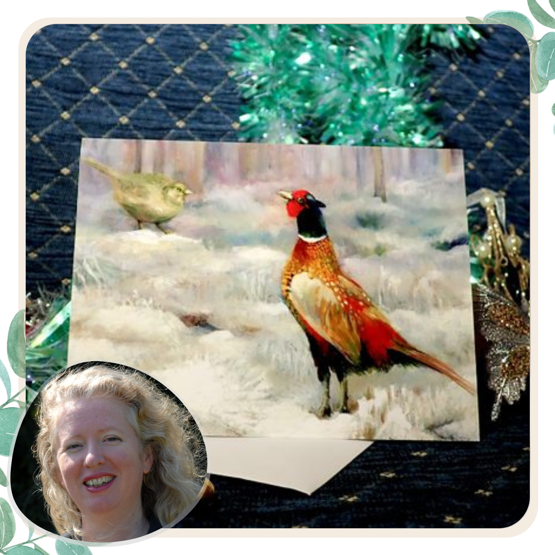 Amanda Davey featuring her pheasants in the snow Christmas card