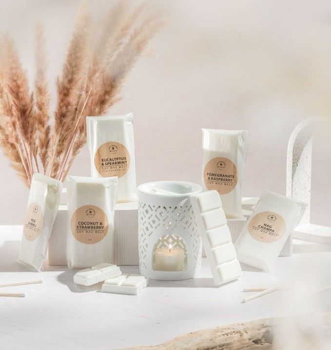 A selection of different white soy wax melt bars arranged around a wax melter