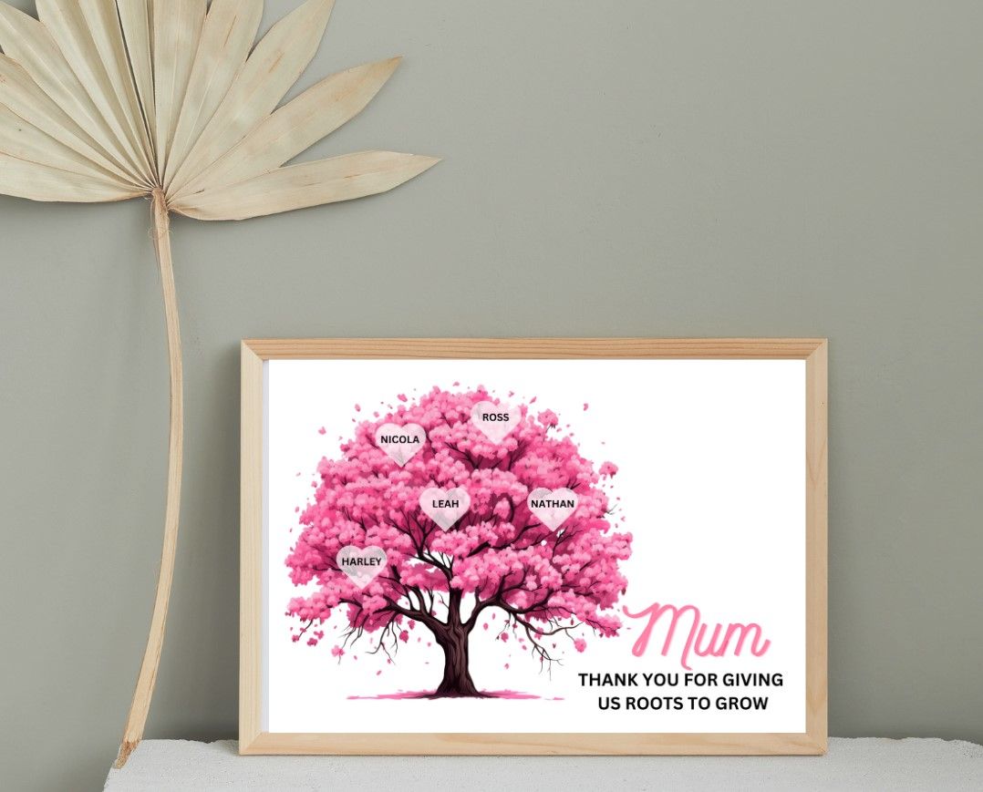A Mother's Day print featuring a pink tree with family names