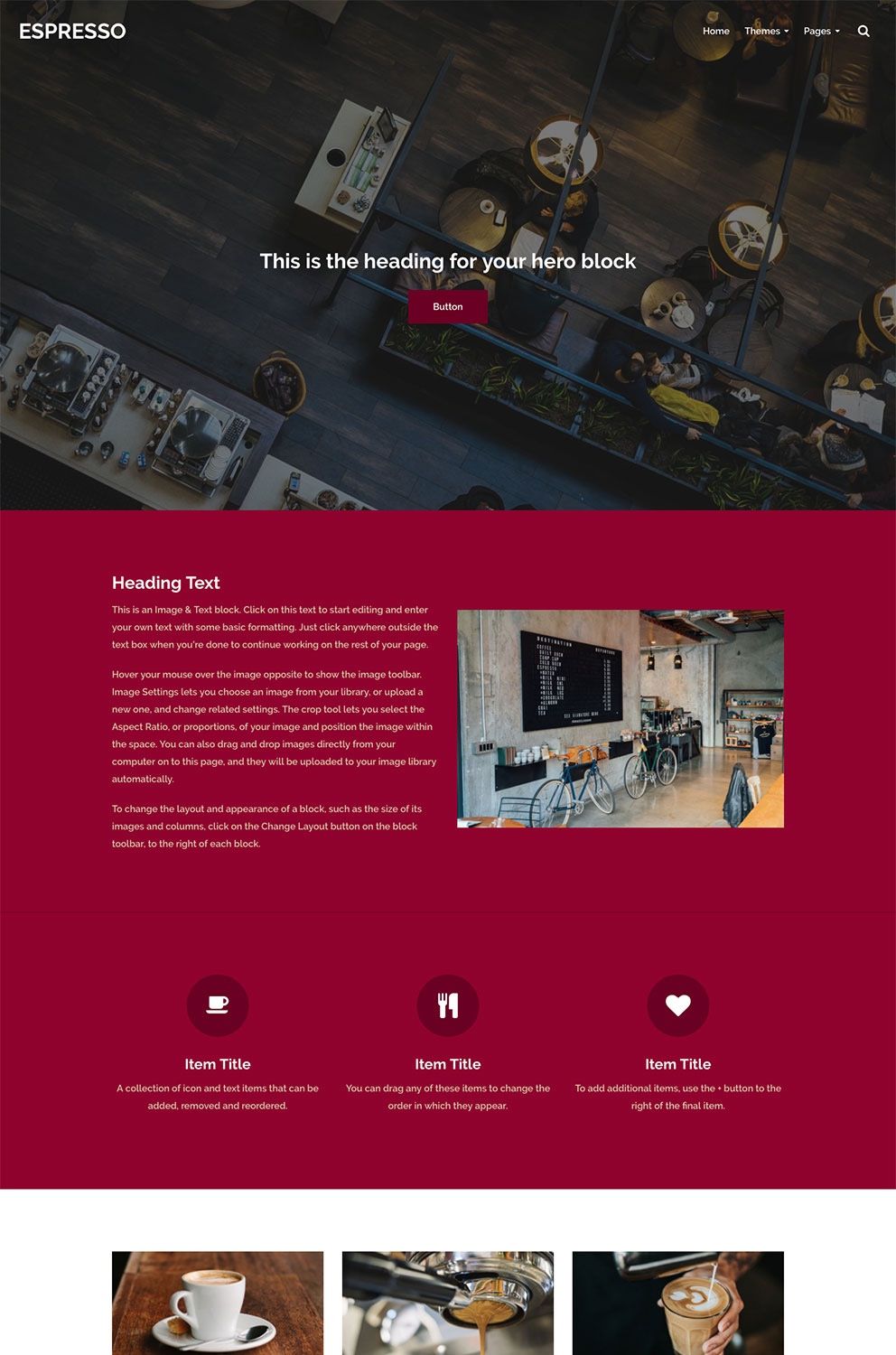 Website template for cafes, food outlets and restaurants who want a rich, warm design