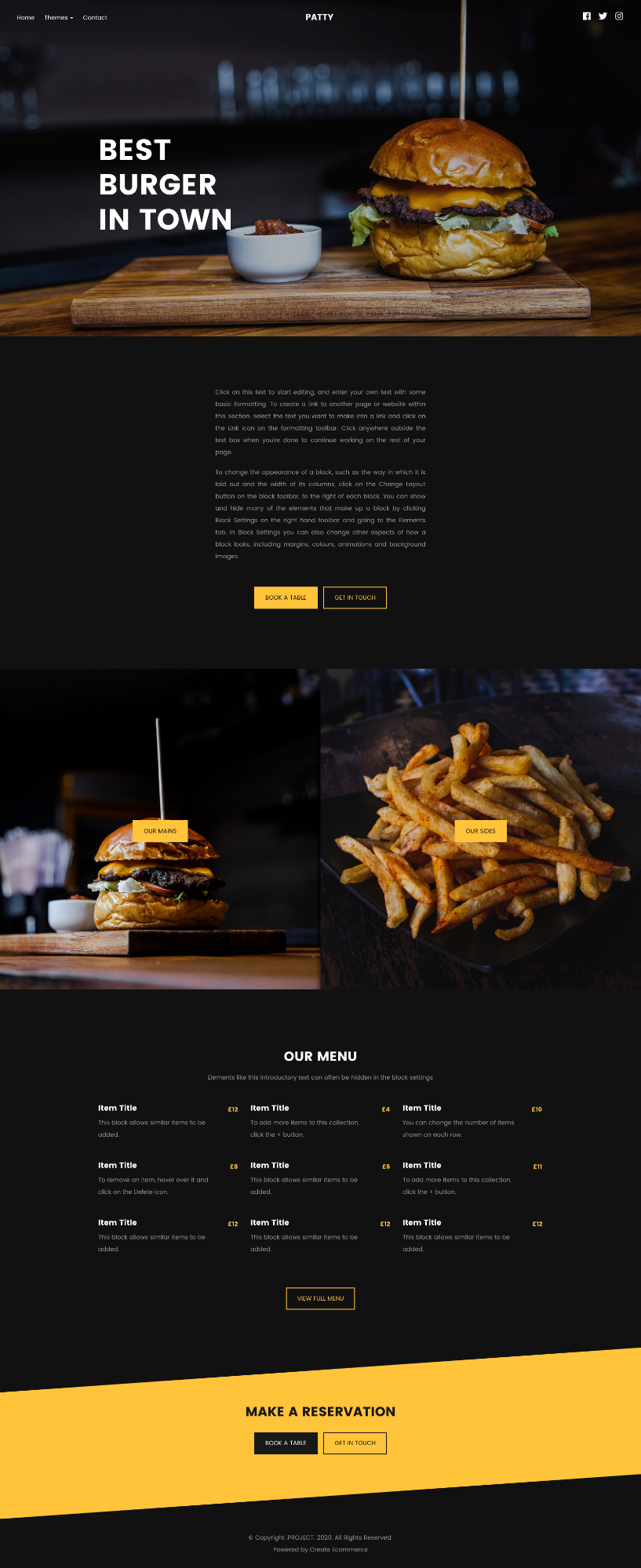 Dark themed website template for burger restaurant, fast food outlet or food truck