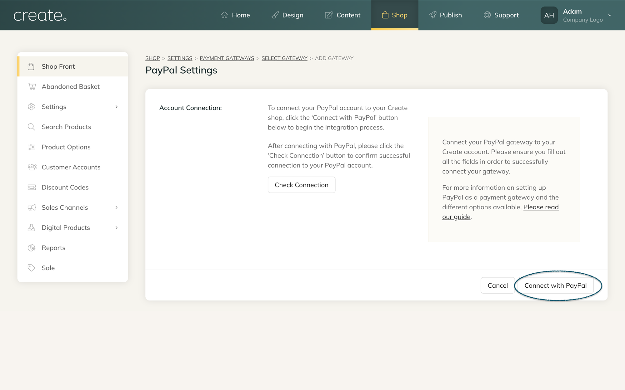 Connect PayPal to your Create Store