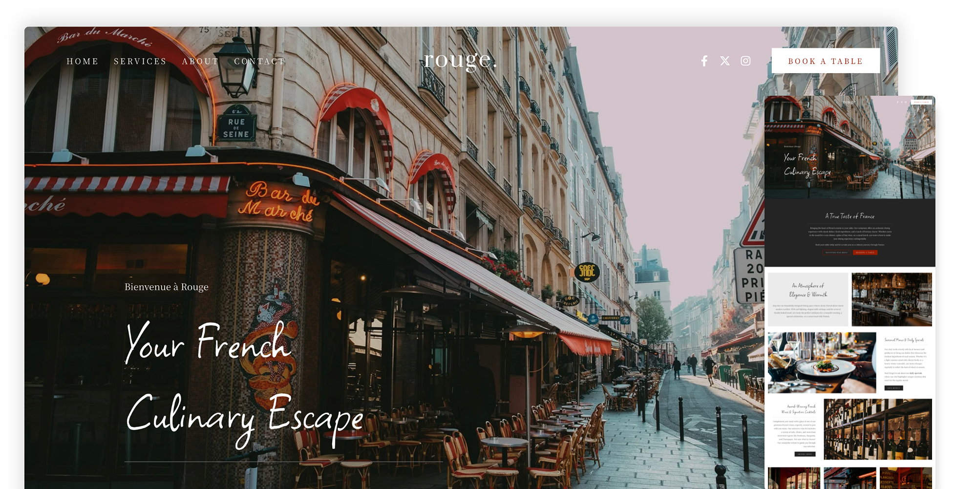 Rouge website template, elegant restaurant design and branding