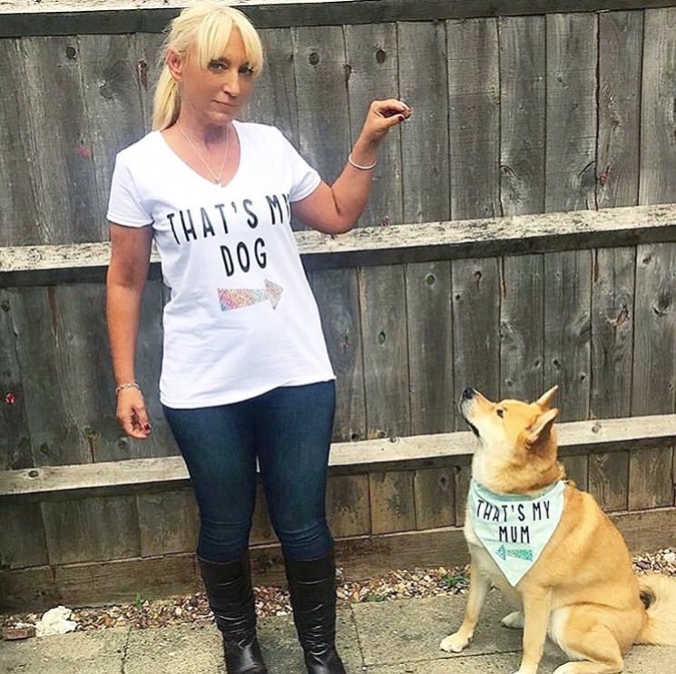 dog and owner wearing matching personalised tshirt and pet bandana