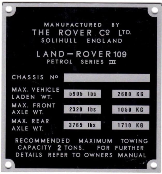 PLATE 016 - Chassis Number Plate, Series 3, 109