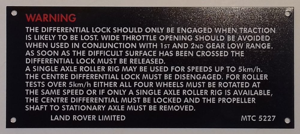 MTC 5227 - Warning Plate, Centre Differential Lock, Early 90/110