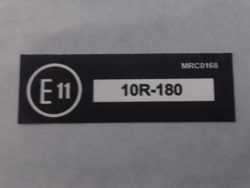 MRC 0168 - Label, E11, 10R-180, UK, Seat Belts and Anchorages compliance