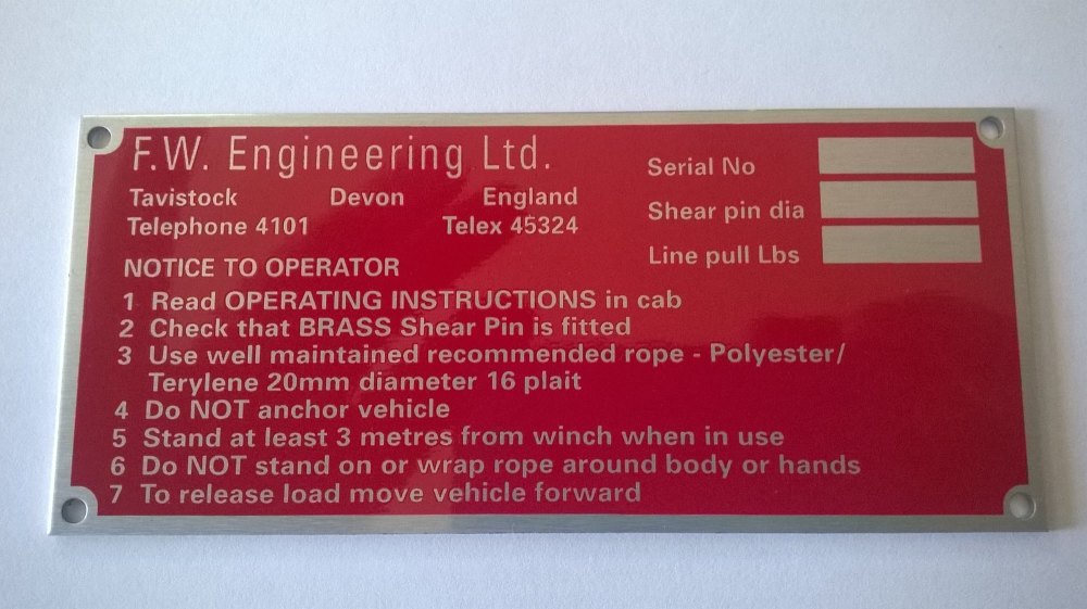 PLATE 032 - F.W. Engineering Ltd Instruction Plate