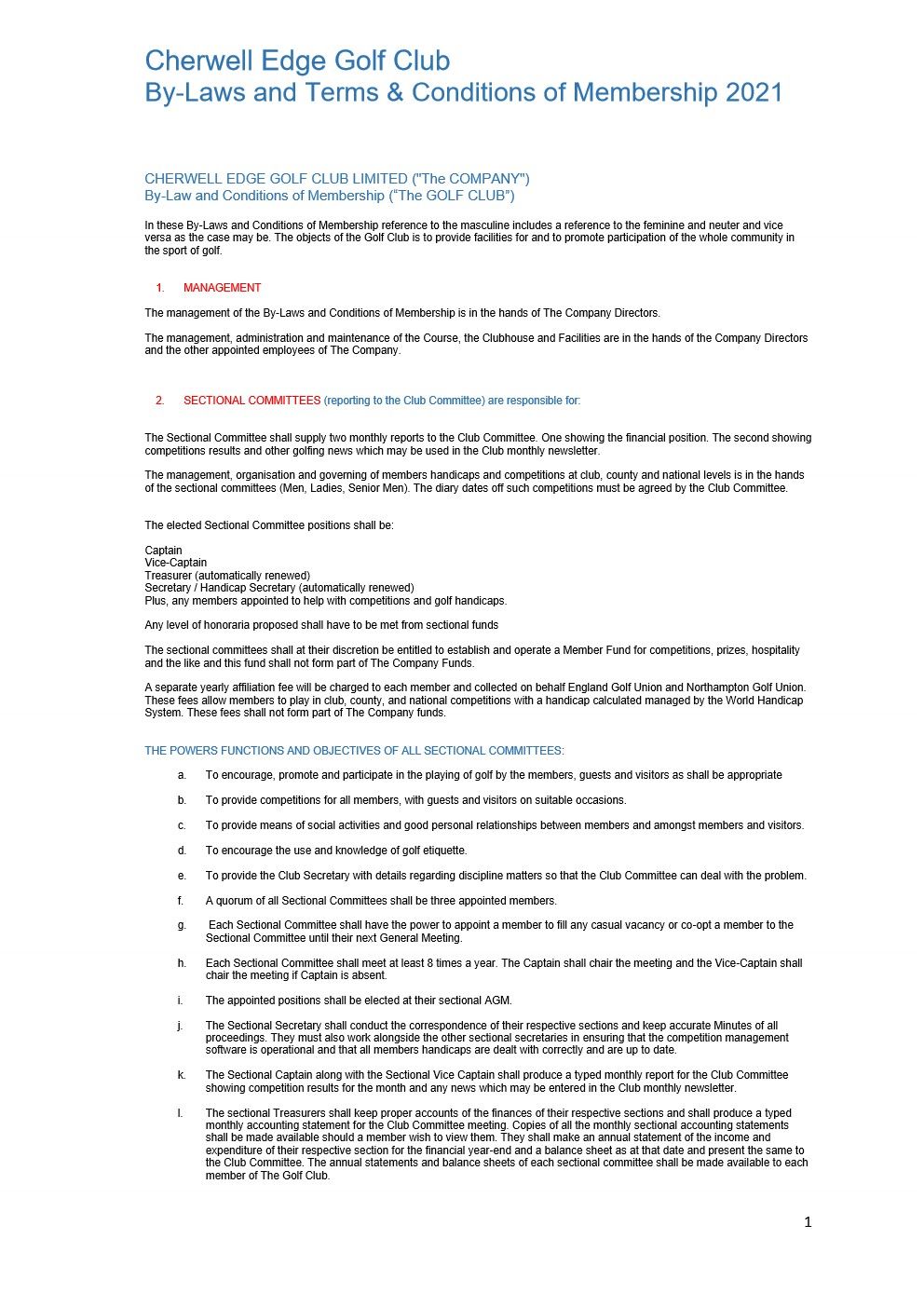 ByLaws and Terms & Conditions of Golf Membership 2021