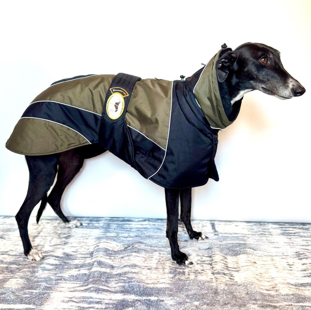 Waterproof Padded Luxury Jacket; Black/Khaki for Greyhounds