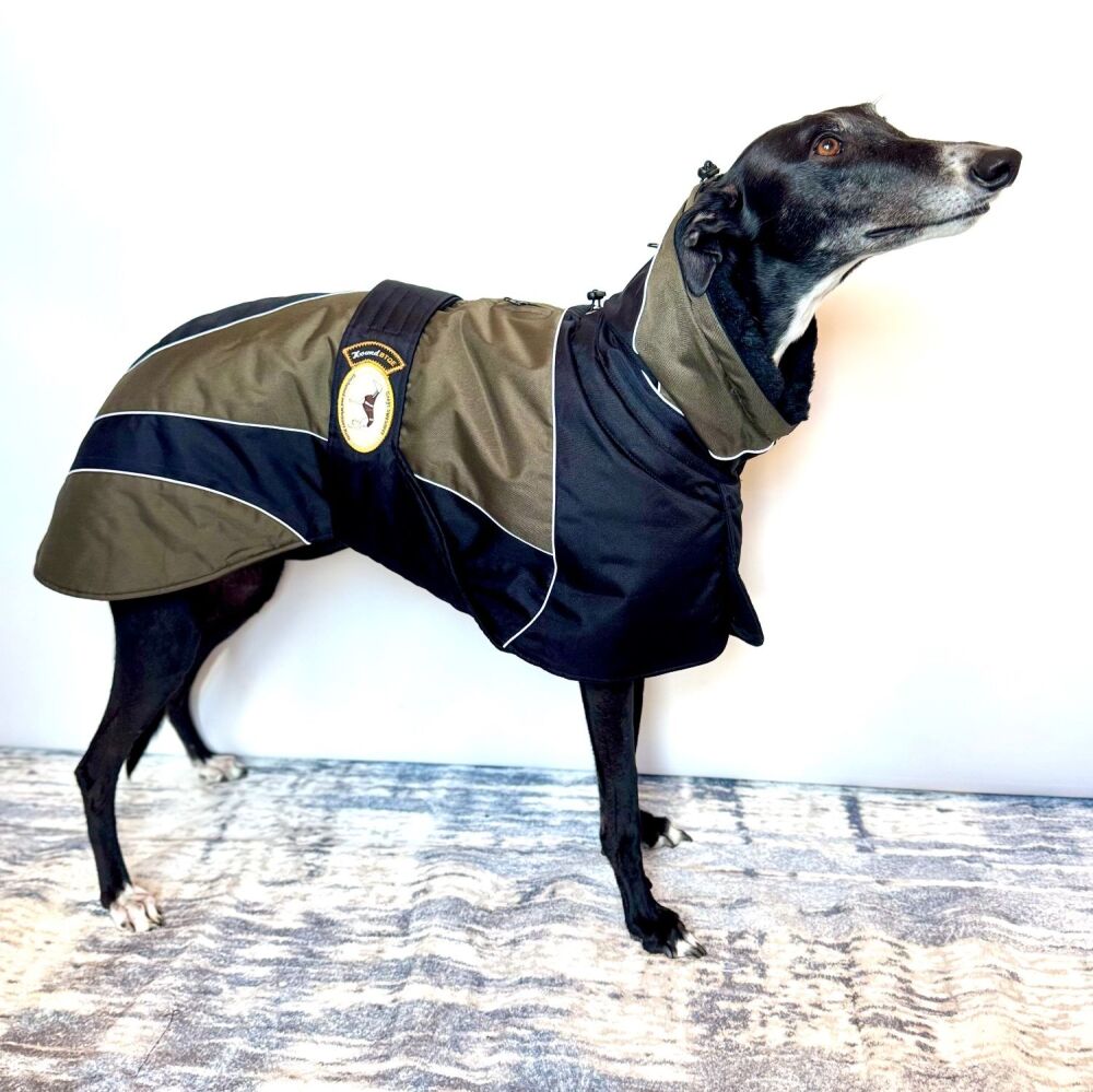 Waterproof Padded Luxury Jacket; Black/Khaki for Whippets