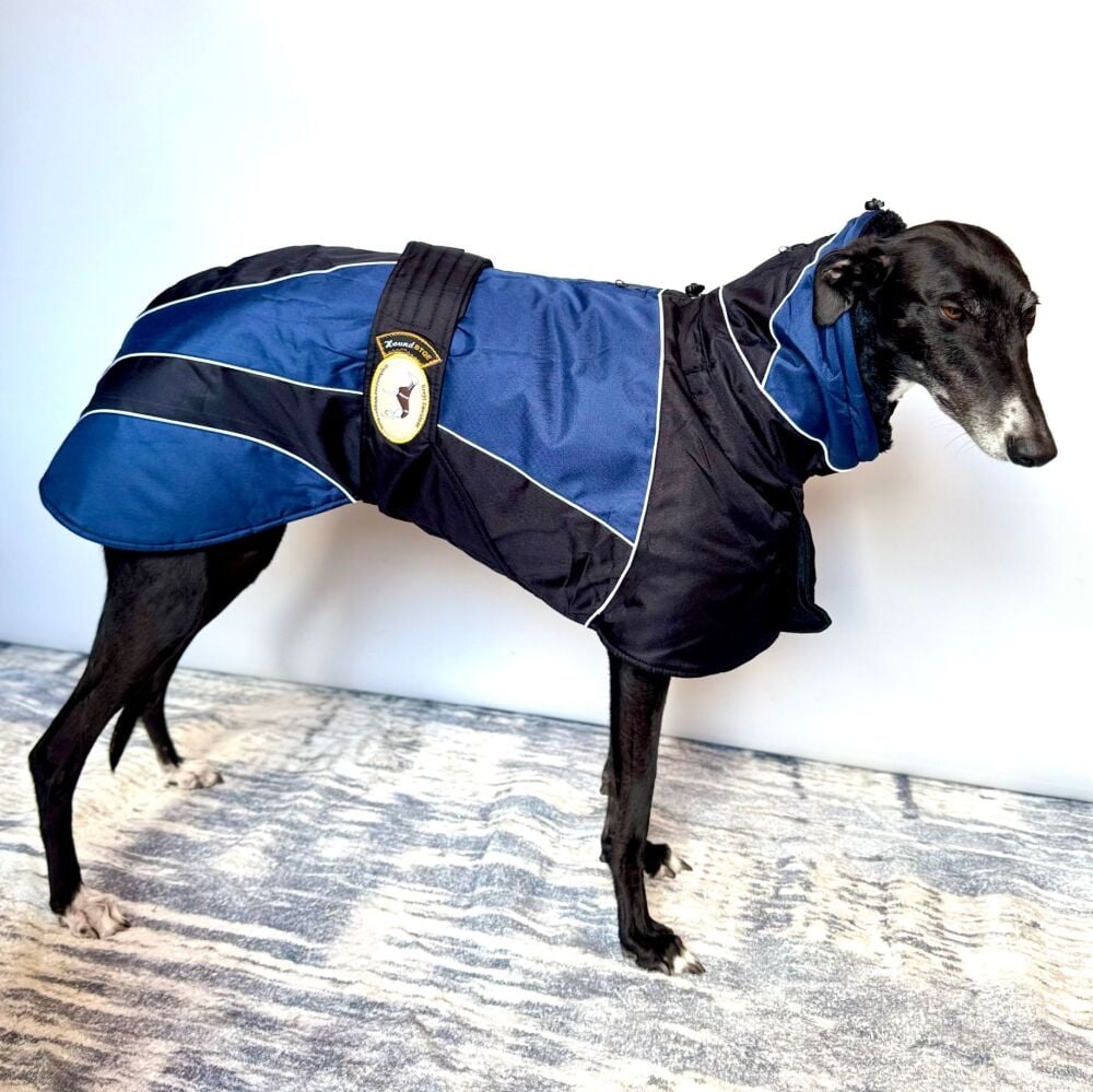 Waterproof Padded Luxury Jacket; Black/Indigo for Greyhounds