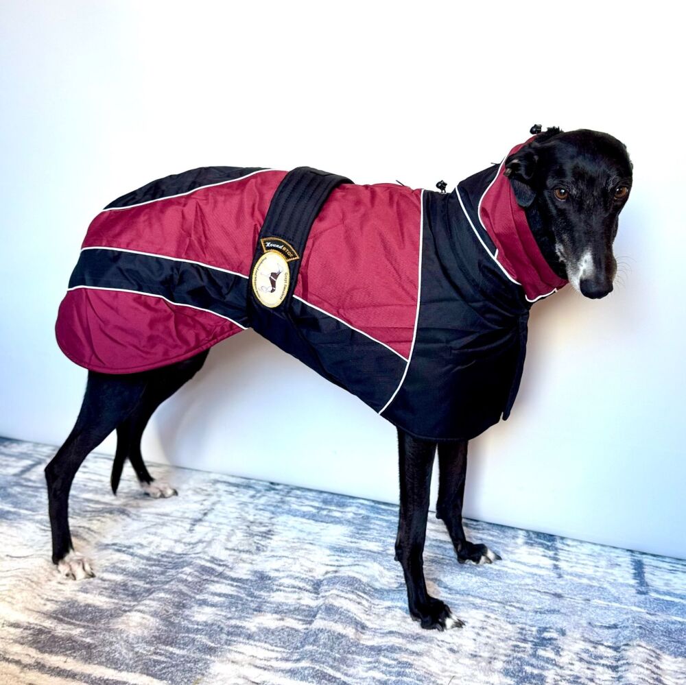 Waterproof Padded Luxury Jacket; Black/Wine for Whippets