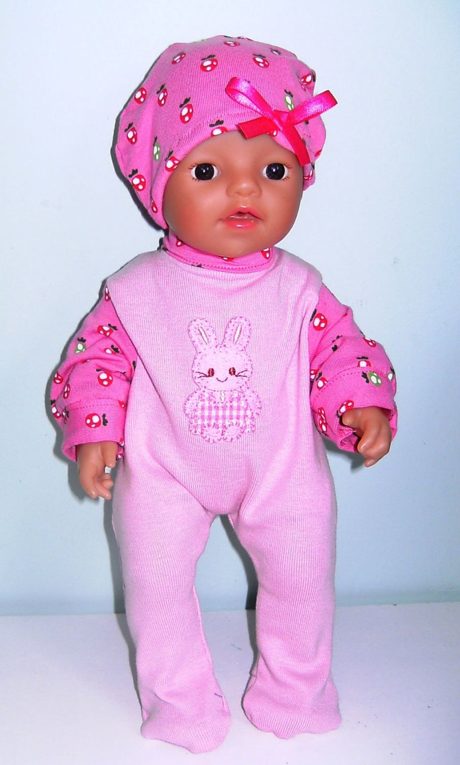 Doll's pink and strawberry print sleepsuit to fit a 12 inch high baby doll