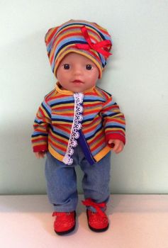 Doll's Jacket, jeans and beanie hat made to fit a 12 inch high baby girl doll