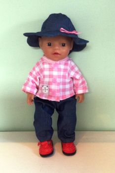 Doll's jeans , jacket and hat made to fit a 12 inch high baby girl doll
