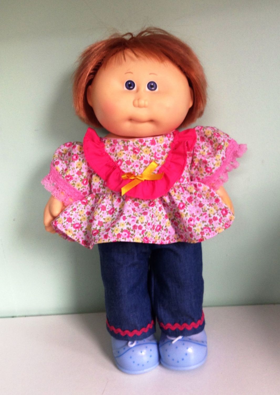 Doll's angel top and jeans set made to fit 14 inch high Cabbage patch doll.