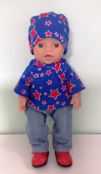 Doll's jeans , tee shirt and beanie hat made to fit 12 inch high baby boy dolls.
