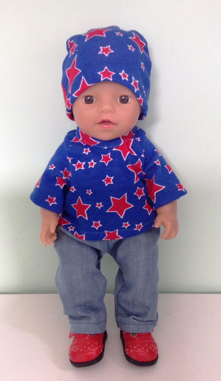 Doll's jeans , tee shirt and beanie hat made to fit 12 inch high baby boy d