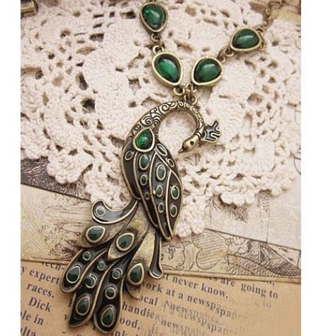 Peacock Necklace with Green and Black Peacock Pendant