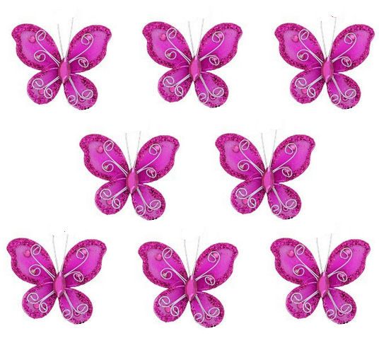 Pink Organza Butterfly Embellishments x 8
