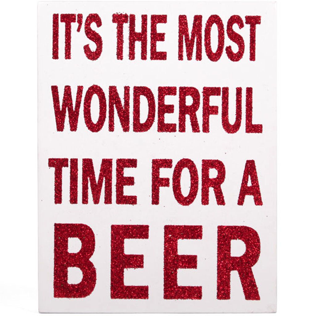 Christmas Plaque -Beer Theme, White with Red Glitter 