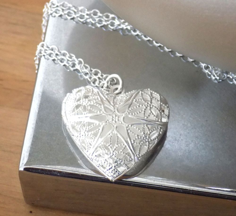 Silver Heart Locket Style Necklace - Handcrafted