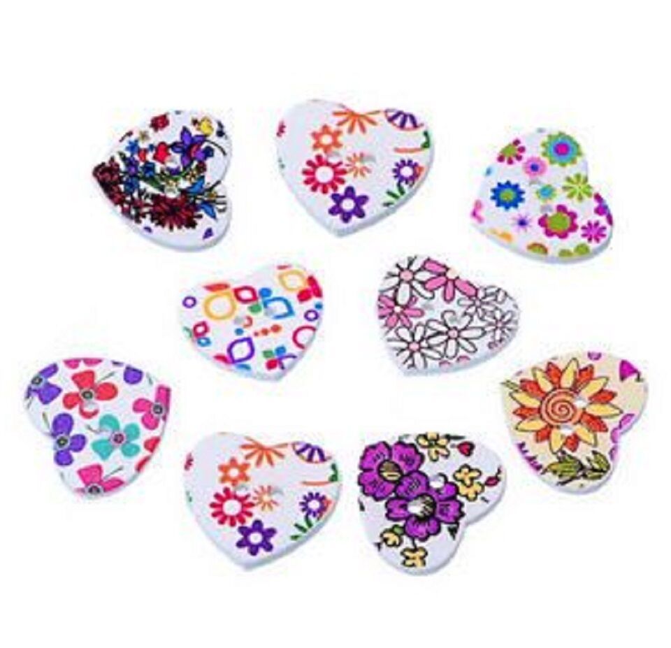 Wooden Floral Hearts Buttons Craft Embellishments x 10