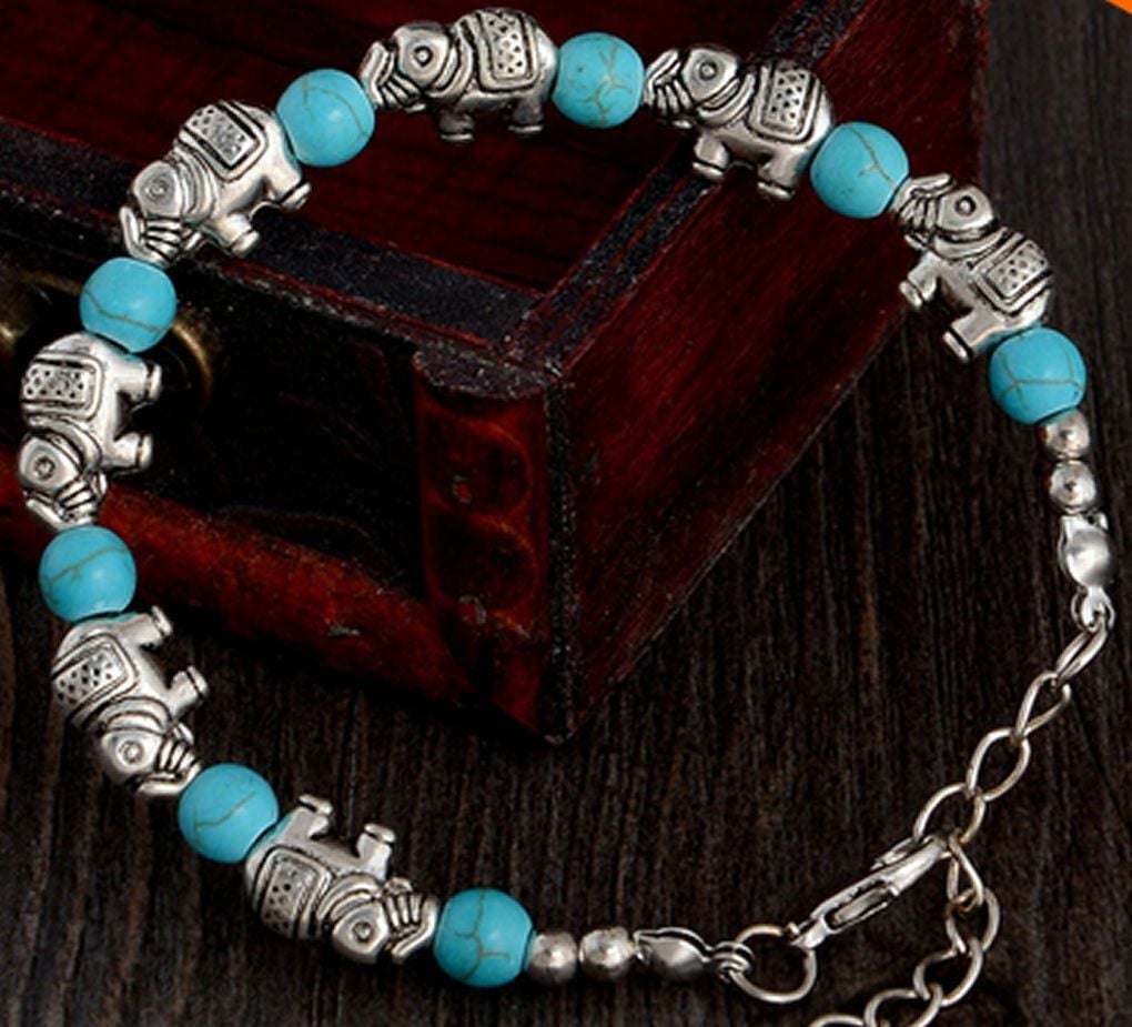 Elephant Bracelet with Turquoise & Tibetan Silver Detailing