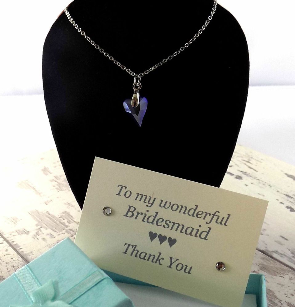 Thank You Bridesmaid Royal Blue Crystal Heart Necklace