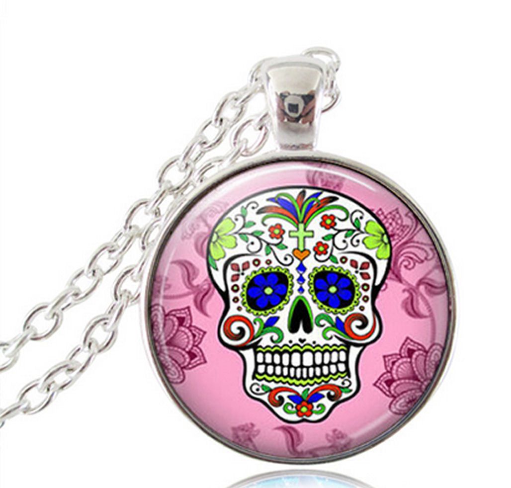 Halloween Sugar Candy Skull Necklace - Pink