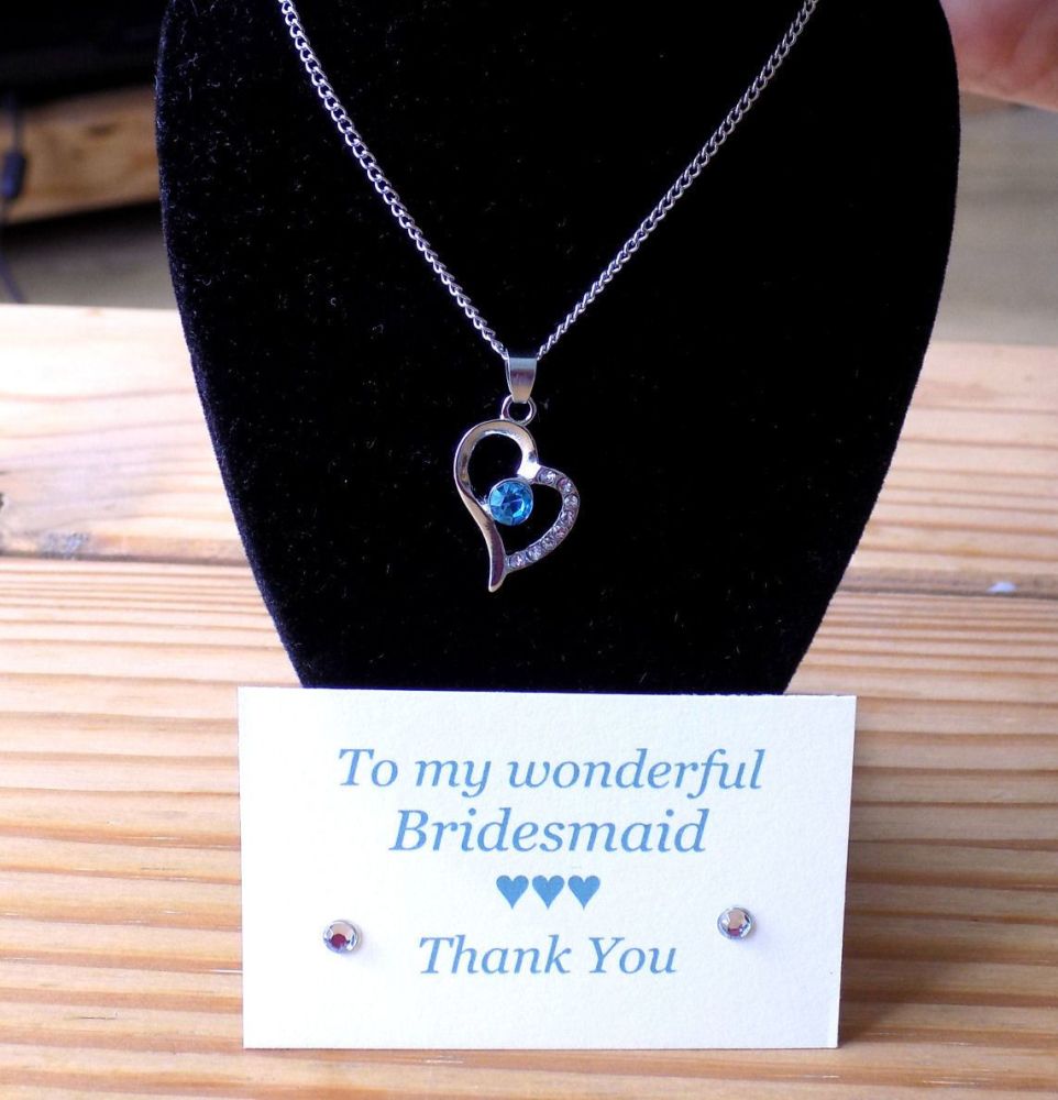 Bridesmaid Heart Pendant Necklace, Thank You Card & Gift Box - Aqua