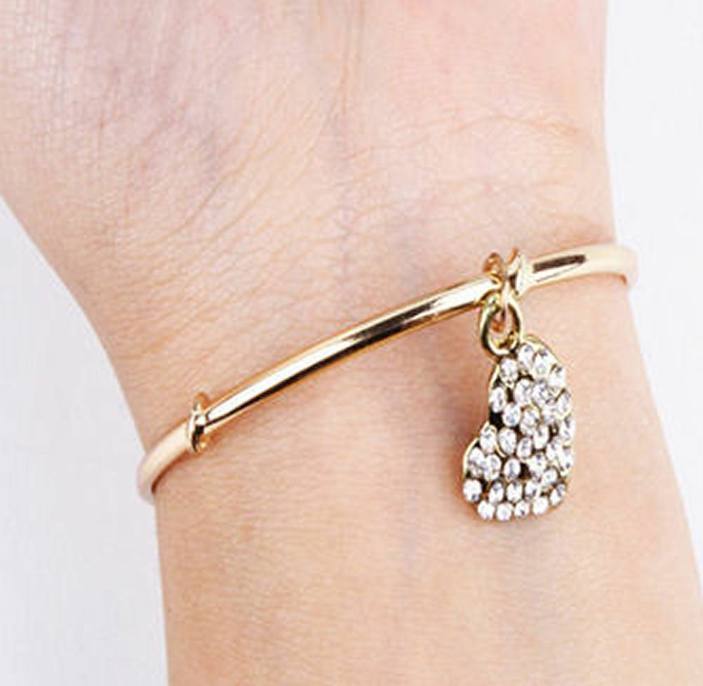 Gold Solid Bracelet with Rhinestone Pendant Heart