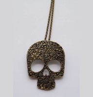 Gothic Skull Long Pendant Necklace Antique Gold