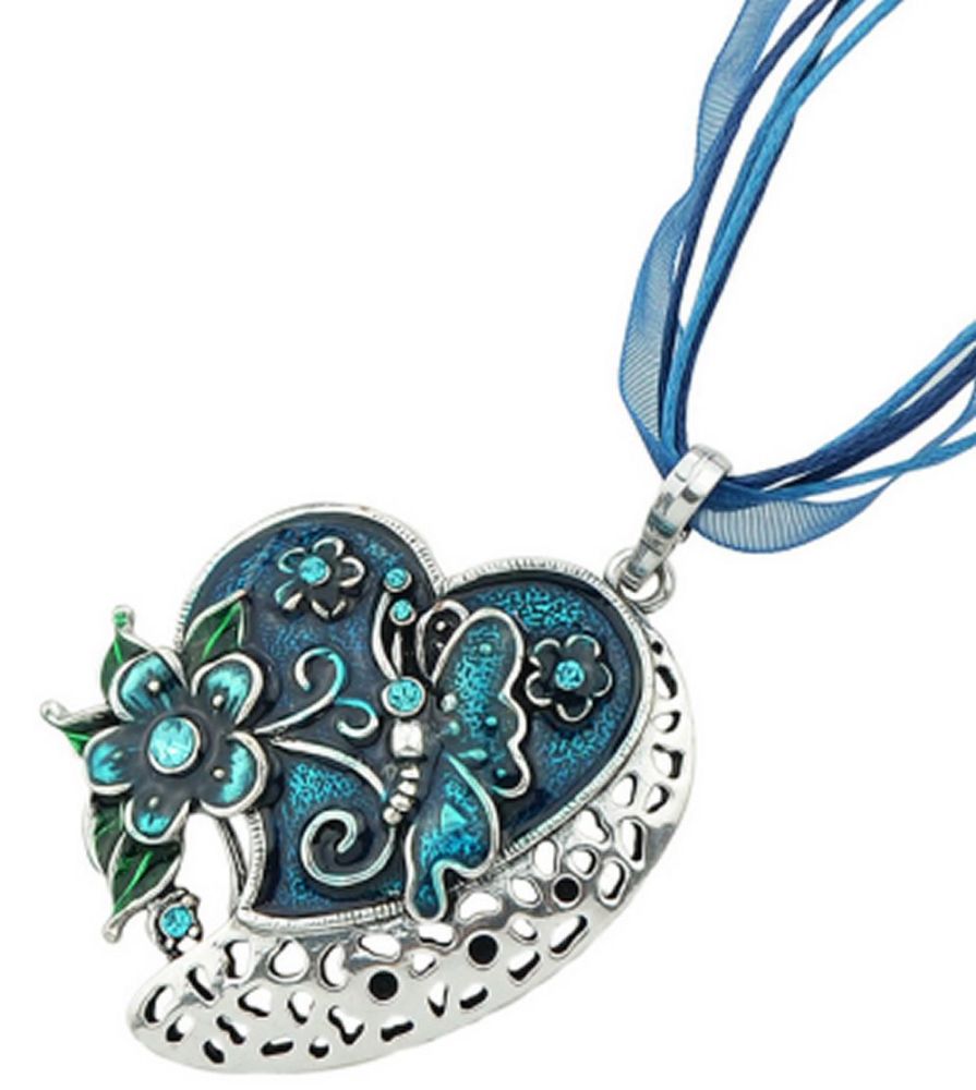Blue Butterfly Heart Pendant Necklace Ribbon necklace