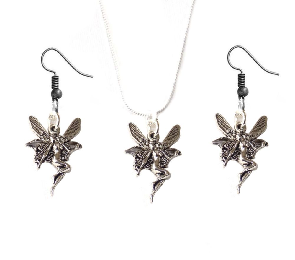 Fairy Earrings and Fairy Pendant Silver Necklace