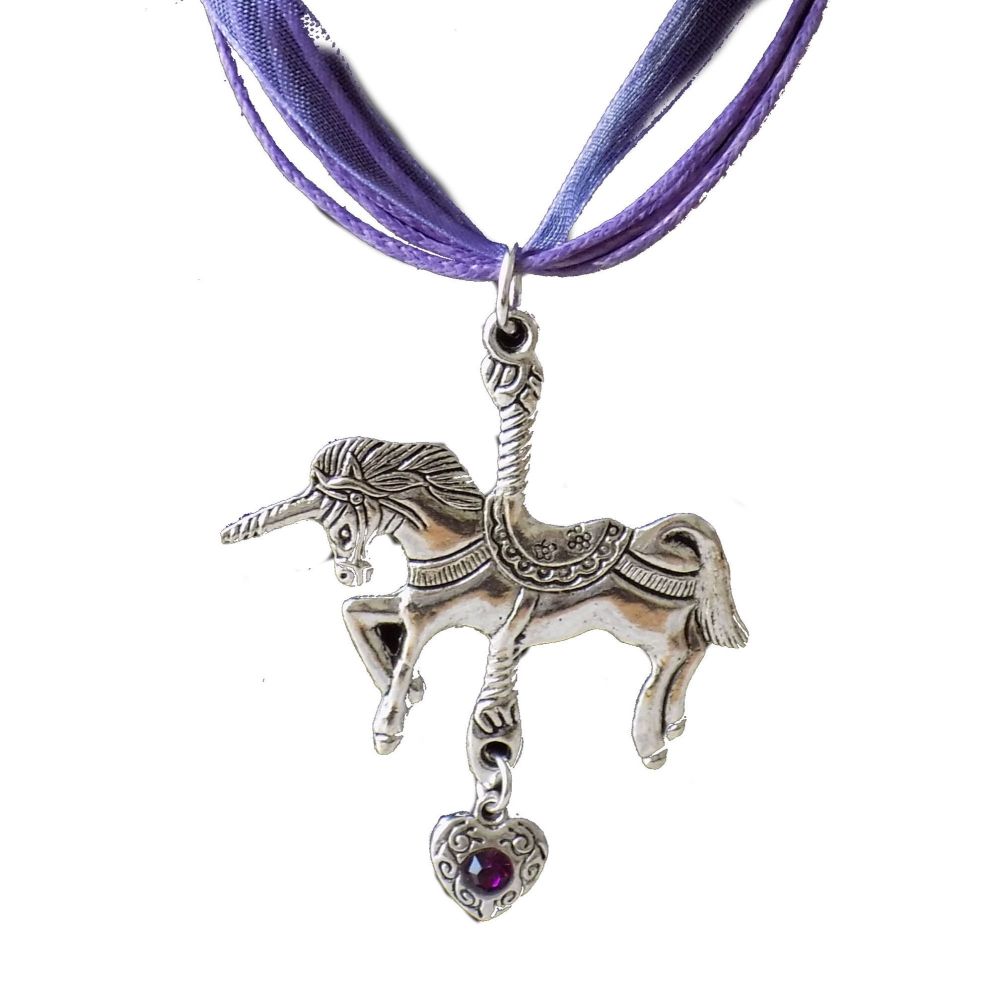 Unicorn Pendant Necklace with Purple Ribbon