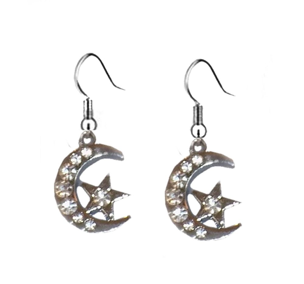 Moon and Star Silver Shade Earrings 