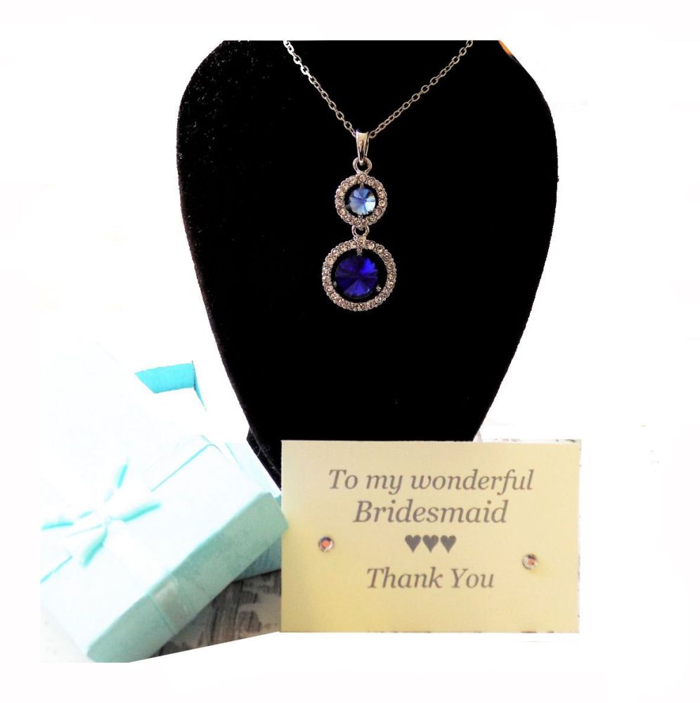 Royal Blue Bridesmaid Heart Pendant Necklace, Thank You Card and Gift Box 