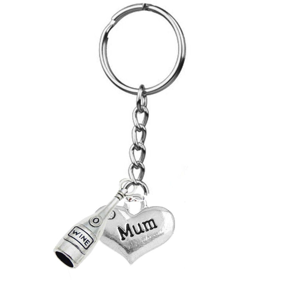 Mum Keyring with Silver Wine Bottle Charm