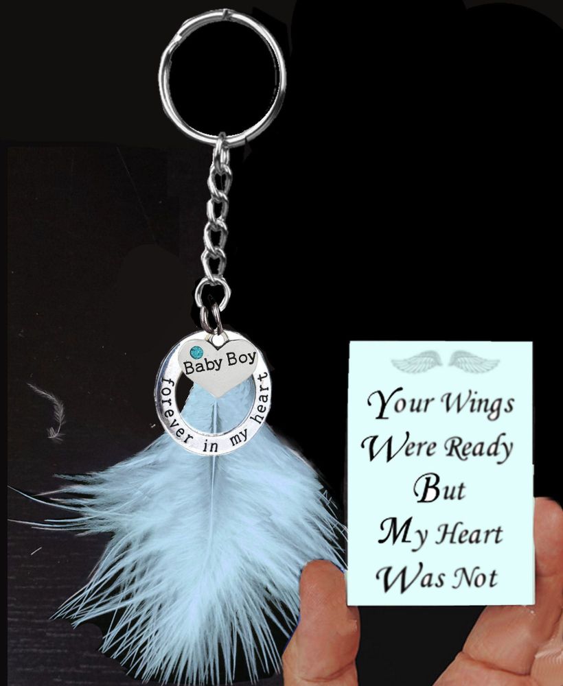 Baby Boy Memorial Keyring with Real Blue Feather
